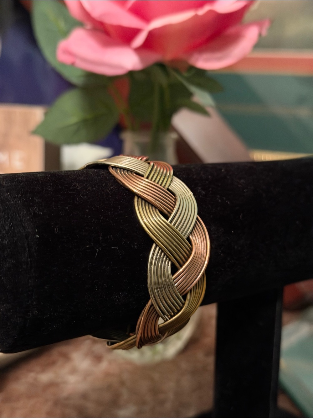 Tri-Tone Braided Metal Cuff Bracelet - Pink, Gold & Silver Tones